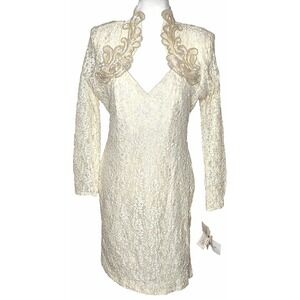 80s Susan Roselli for Vijack Lace Sheath Dress Women‎ 12 Ivory Sequin Cutout NOS